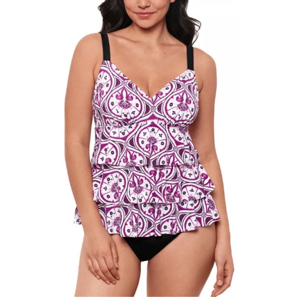 NWT Swim Solutions Printed Tiered Fauxkini One Piece Swimsuit Size 12 Purple